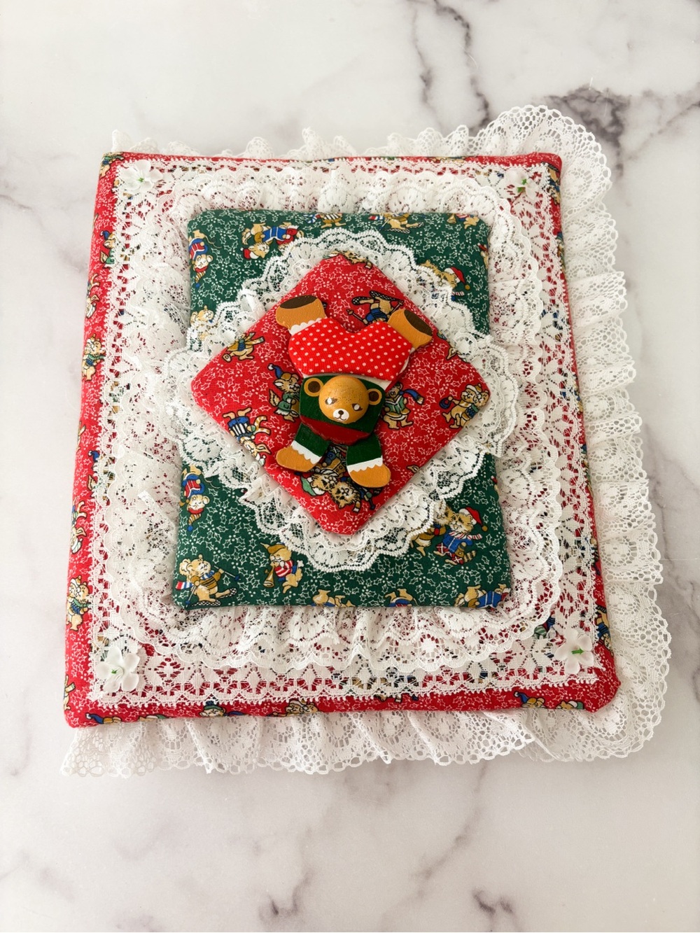 Vintage Handmade Fabric Padded Lace Wooden Bear Photo Album Scrapbook